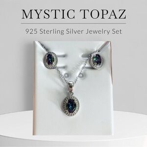 Mystic Topaz & Cubic Zirconia Halo Necklace & Earrings Set 925 Sterling Silver